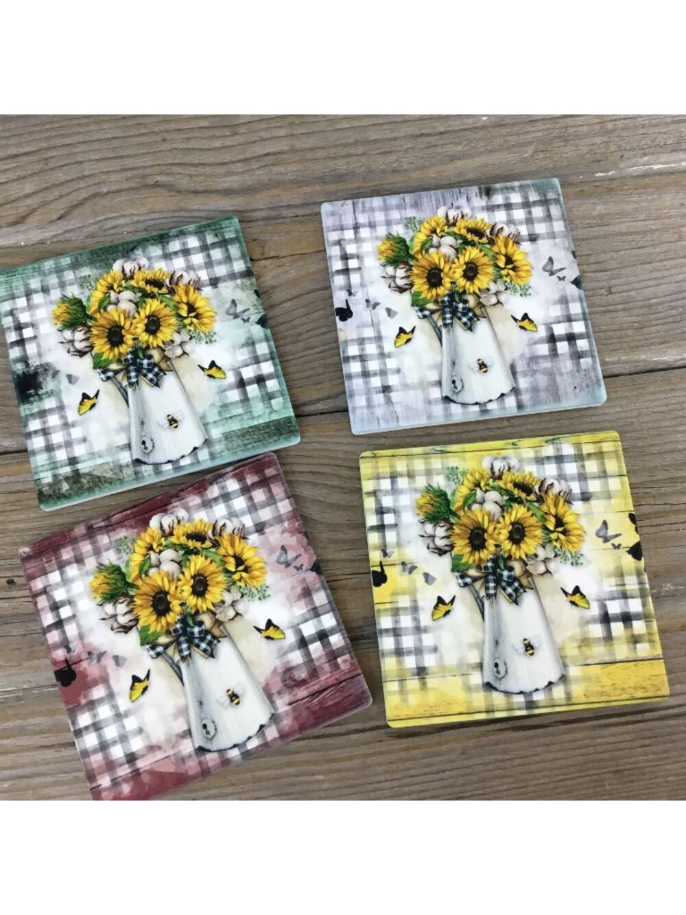 Sunflower Butterfly & Bees Plaid Set of 4 Sandstone Coasters